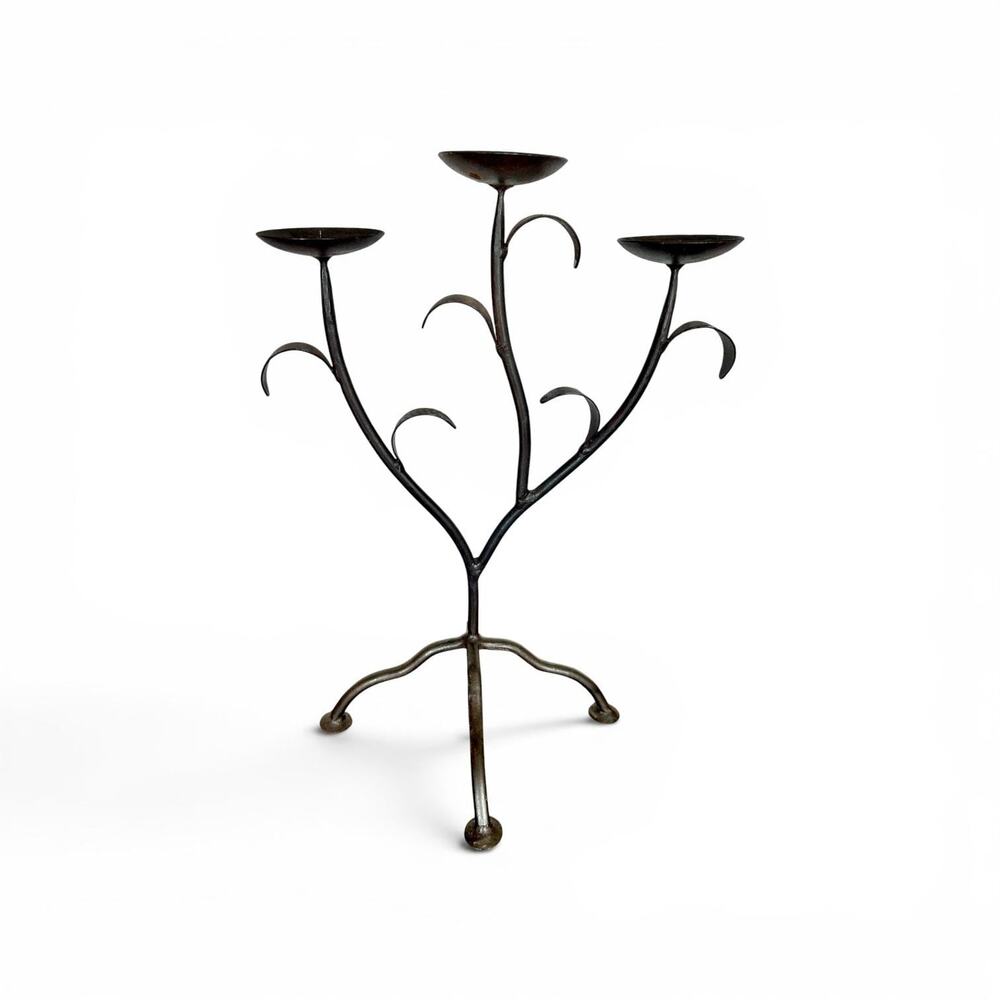 Vintage Sculptural Wrought Iron 3-Arm Candelabra, Handcrafted